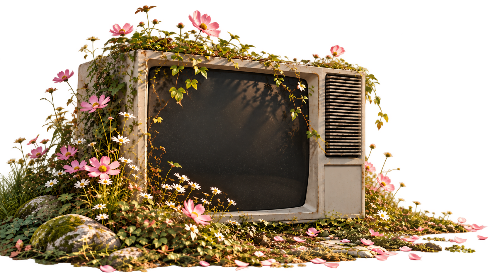 Vintage television surrounded by garden flowers